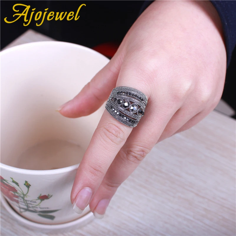 Size 6-10 Best Selling Fashion Jewelry Black CZ Geometric Vintage Retro Finger Ring Women High Quality Wide Design Party Jewelry