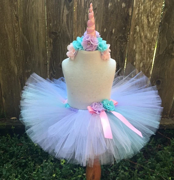 Girls Pastel Tutu Skirts Baby Fluffy Tulle Skirt Ballet Pettiskirts with Flower Ribbon Bow and Unicorn Hairbow Kids Party Tutus