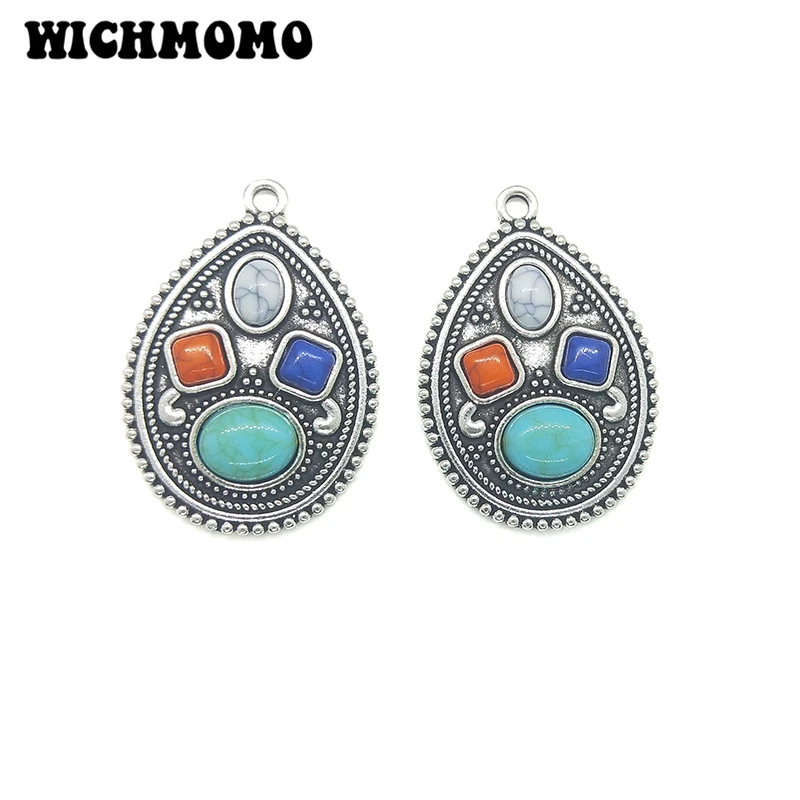 New 2pieces/bag 38*27MM Retro Zinc Alloy Inlaid Acrylic Beads Water Drop Pendant for DIY Jewelry Necklace Accessories Gifts