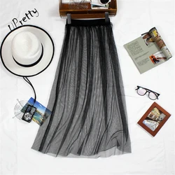 Women Spring Summer Mesh Long Skirt  Casual Sexy High Waist Transparent One Layer Lace Hollow Out A Line Bodycon Black Skirt