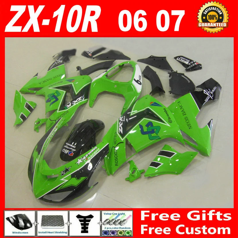 Hot sale injection molding for Kawasaki ZX-10R 2006 2007 glossy flat black green fairings ninja ZX10R 06 07 fairing set OLP96