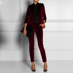 Burgund Rot Samt Frauen Business Büro Smoking Bespoke Anzüge Frauen Slim Fit Ternos Formale Prom Party Hose Blazer Anzüge Set