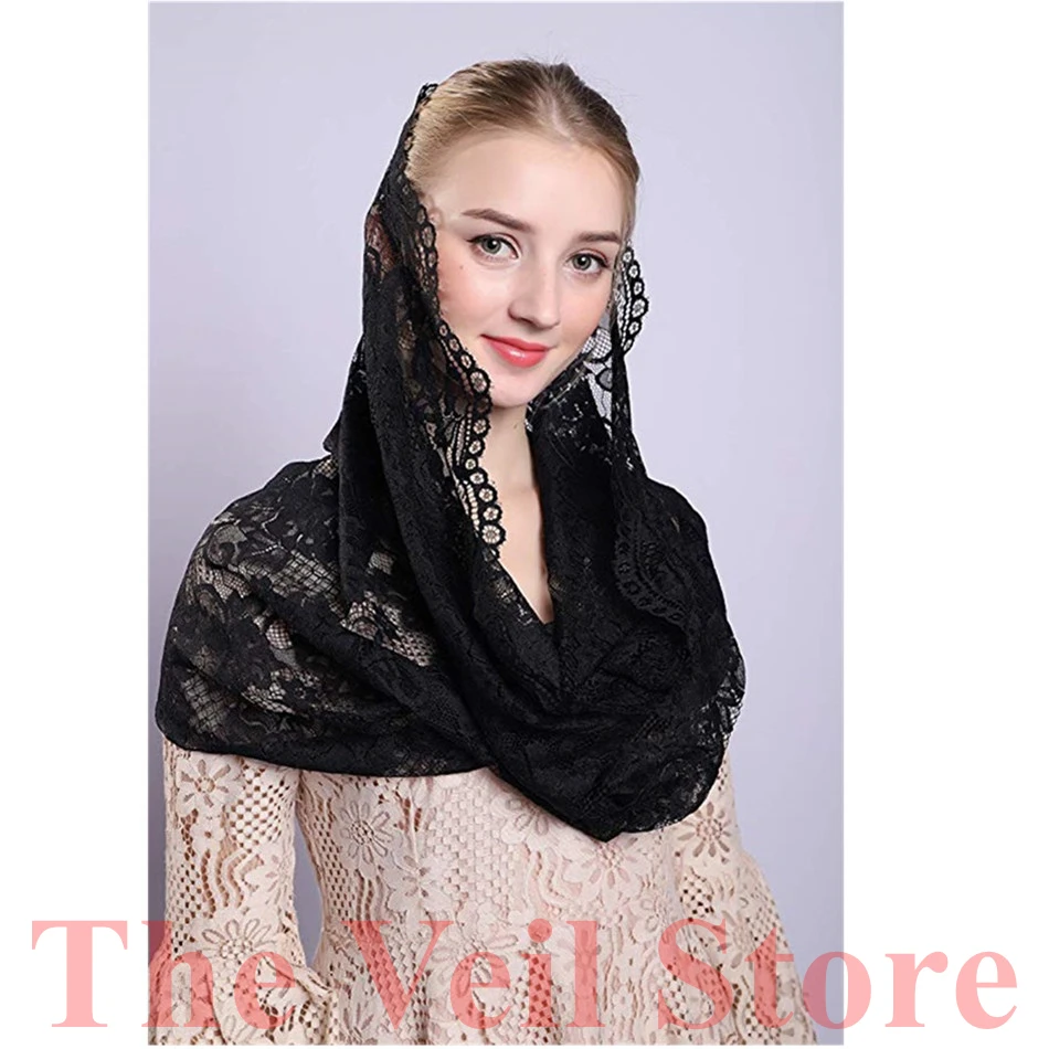 ISHSY Black Lace Women Catholic Veil Mantilla for Church Head Covering Latin Mass Mantilla de Novia Negra Chapel infinity veil