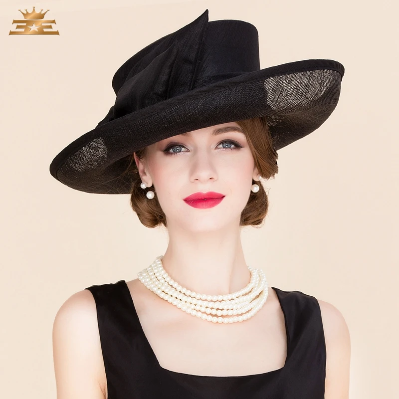 Summer Wedding Black Linen Fedora Hat For Women Large Brimmed Bowknot Dress Kentucky Derby Hats  B-8173