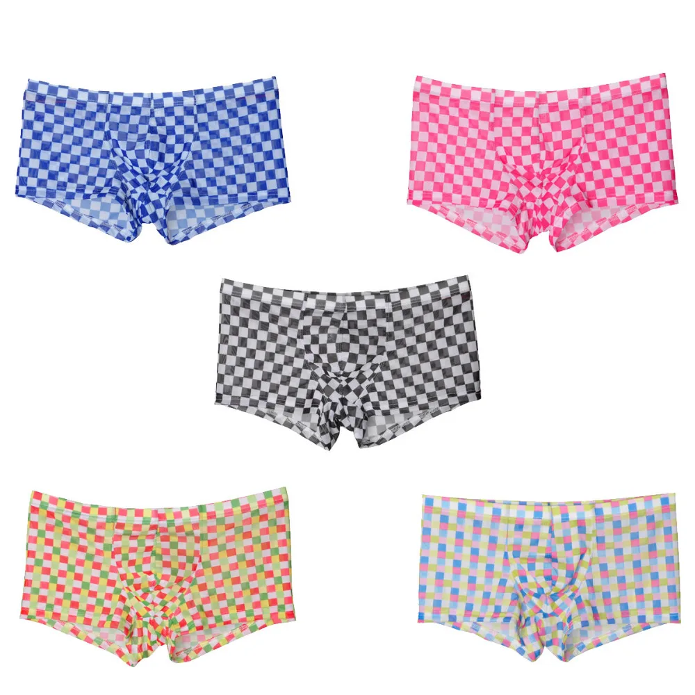 

Plaid Pattern Fashion Casual Mens Underwear Boxer Shorts Transparent See Through Sexy Male Underwear Underpants Men Boxers Pouch