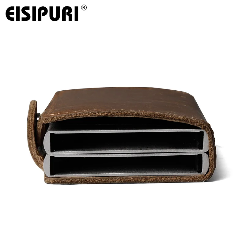 EISIPURI Men Genuine Leather double Metal Credit Card Holder Aluminium RFID Blocking Wallet Hasp Mini Vintage Wallet Hold  Cards image 5