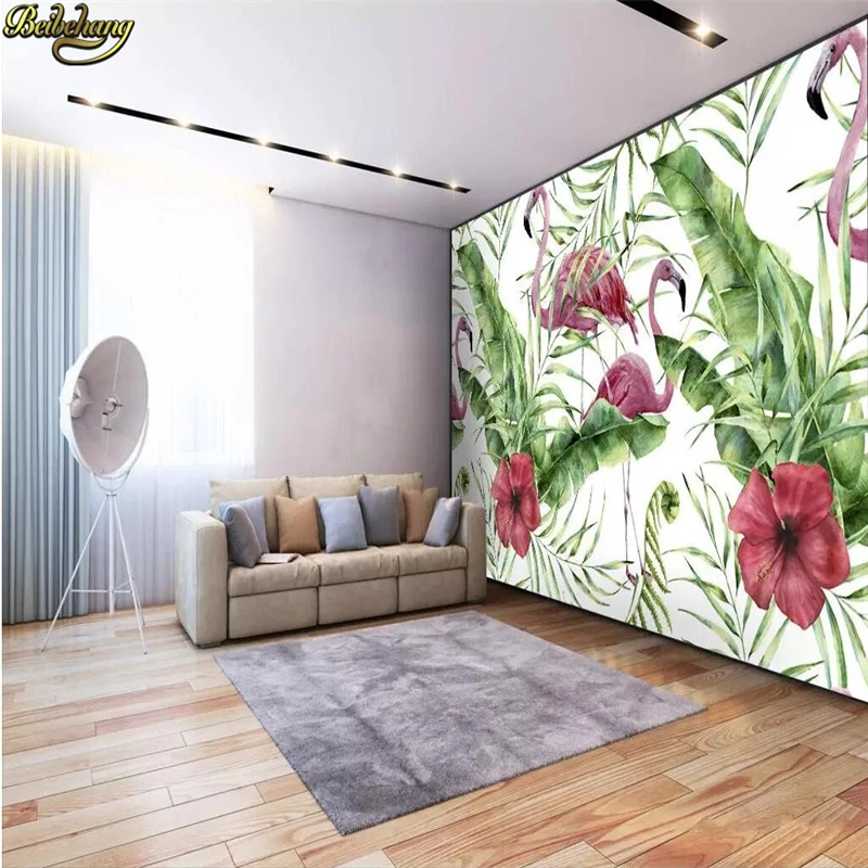 beibehang wallpapers for living room Custom 3d wallpaper hand drawn tropical plants flamingo background wall papel de parede