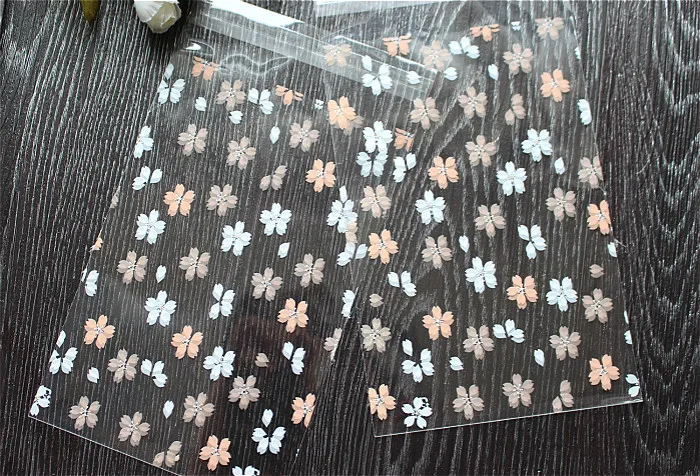 100pcs Pink White Cherry Blossoms Cookie Packing Bags Self Adhesive Seal Small Cello Bags for Gift Party Favor Package 12x18cm