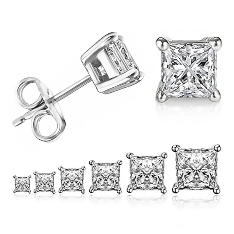 

Sparkling Simple Fashion Jewelry 925 Sterling Silver&Gold Fill Princess Cut 5A Cubic Zirconia Four Claw Stud Earring For Women
