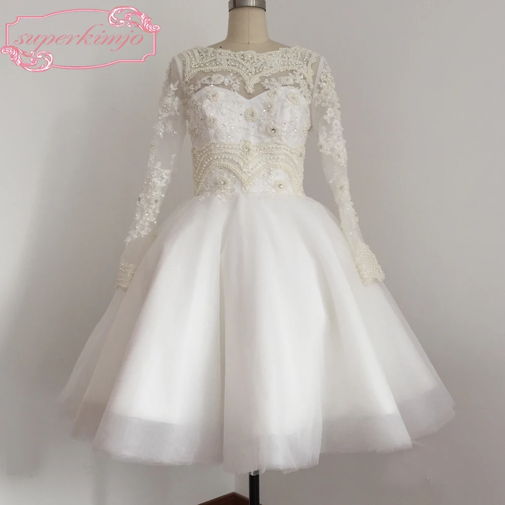 Short Bridal Dresses O-Neck Long Transparent Sleeve Lace Appliques Beading Pearls Ball Gown Mini Wedding Dresses Real Picture