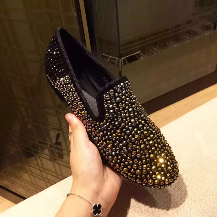 

Black round toe gold crystal handmade men loafers men fashion leather slippers men party and wedding dress shoes men's flats