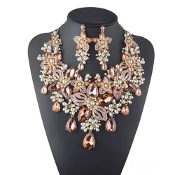 Formal Crystal Flower Rhinestone White Pearl  Wedding Bridal Necklace Set Women Party Dress  Accessories Peach Color Statement