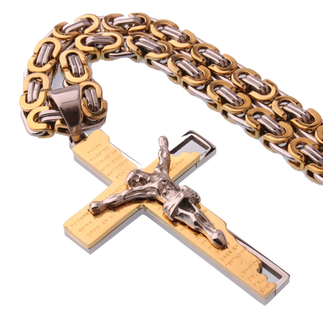 Men\'s Stainless Steel Jesus Christ Holy Crucifix Cross Pendants Necklaces 6mm Gold Byzantine Chain Necklaces Boys Gifts Jewelry