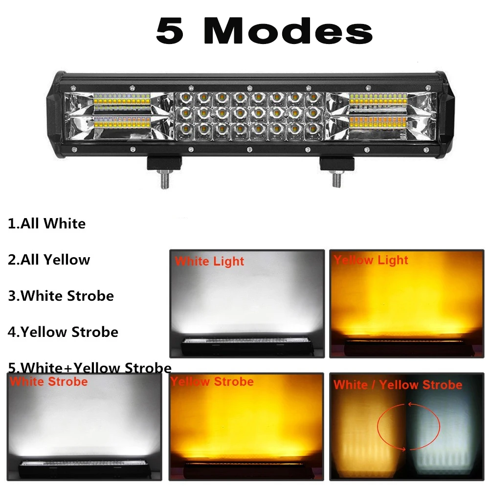 15Inch 216W White Amber Led Light Bar 5 Flashing Modes Strobe Work Light Daytime Running Lights 12V Offroad Car Trunk Emergency