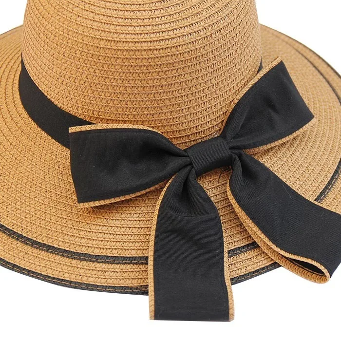 Sun Hat Big Black Bow Summer Hats For Women Foldable Straw Beach Panama Hat Visor Wide Brim Femme Female 2018 New