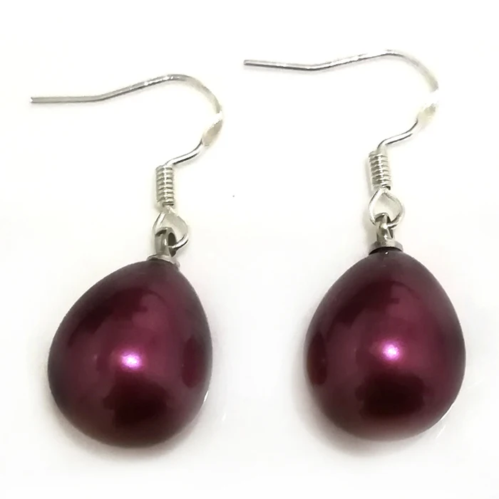 Wholesale 12x16mm Violet Raindrop South Sea Shell Pearl 925 Silver Hook Earring