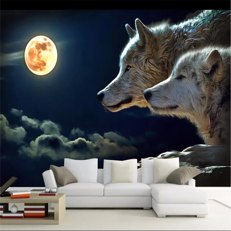 beibehang  paper 3D Night bright round moon wolves attack room dining room hotel wall covering murals-3d wall paper home decor