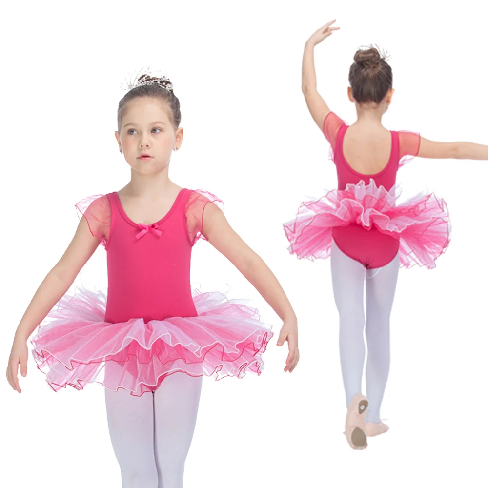 

Kids Party Dress 4 Layers Tutus Yellow Cotton/Lycra Puffy Short Sleeve Ballet Leotard Tutu for Performance