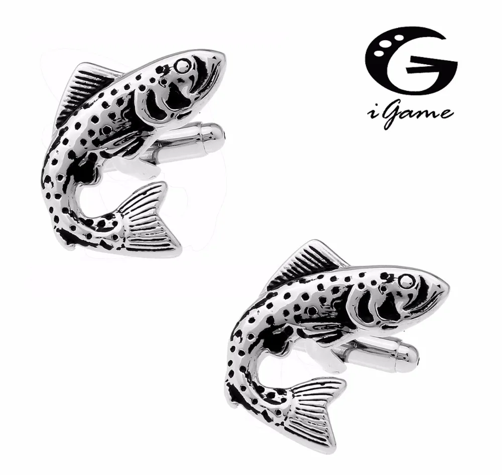 iGame Men's Casual Cufflinks Novel Big Fish Design Copper Material Black Cuff Links