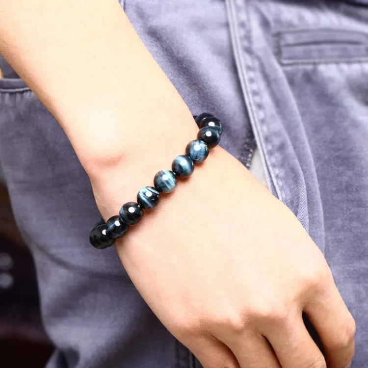 High Quality Blue Tiger Eye Buddha Bracelets Natural Stone Round Beads Elasticity Rope Men Women Bracelet