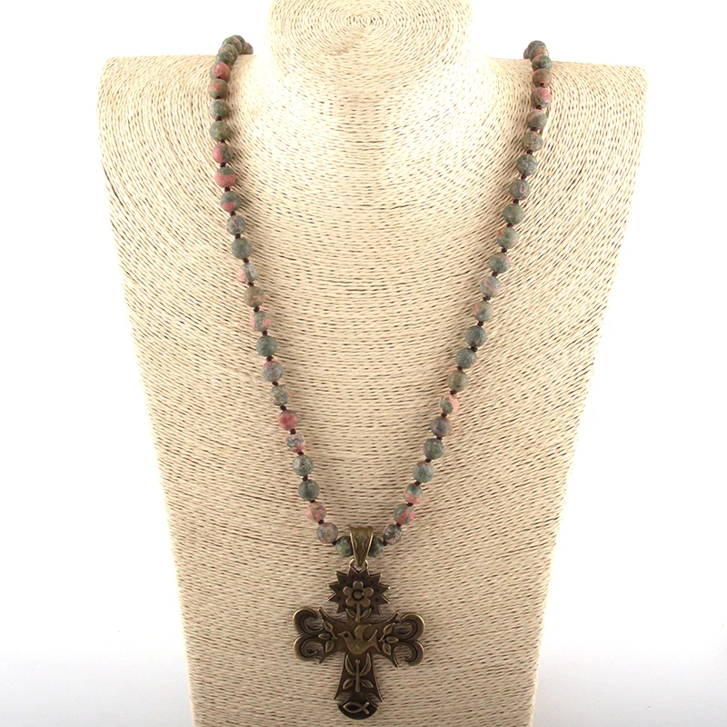 Fashion Bohemian Tribal Jewelry Natural Stone Long Knotted Metal Pendant Necklaces Women Ethnic Necklace