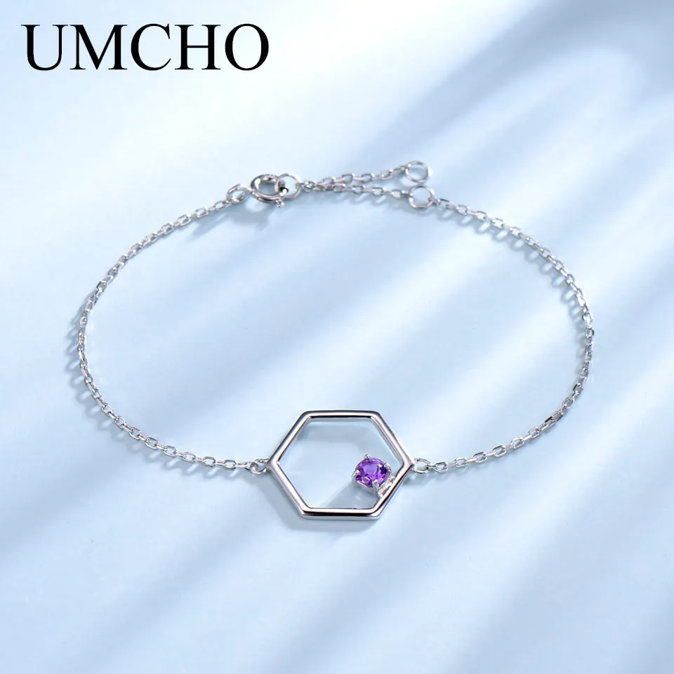 UMCHO Natural Amethyst Gemstone Bracelets For Women Solid 925 Sterling Silver Purple Gemstone Chains Bracelet Fine Jewelry Gift