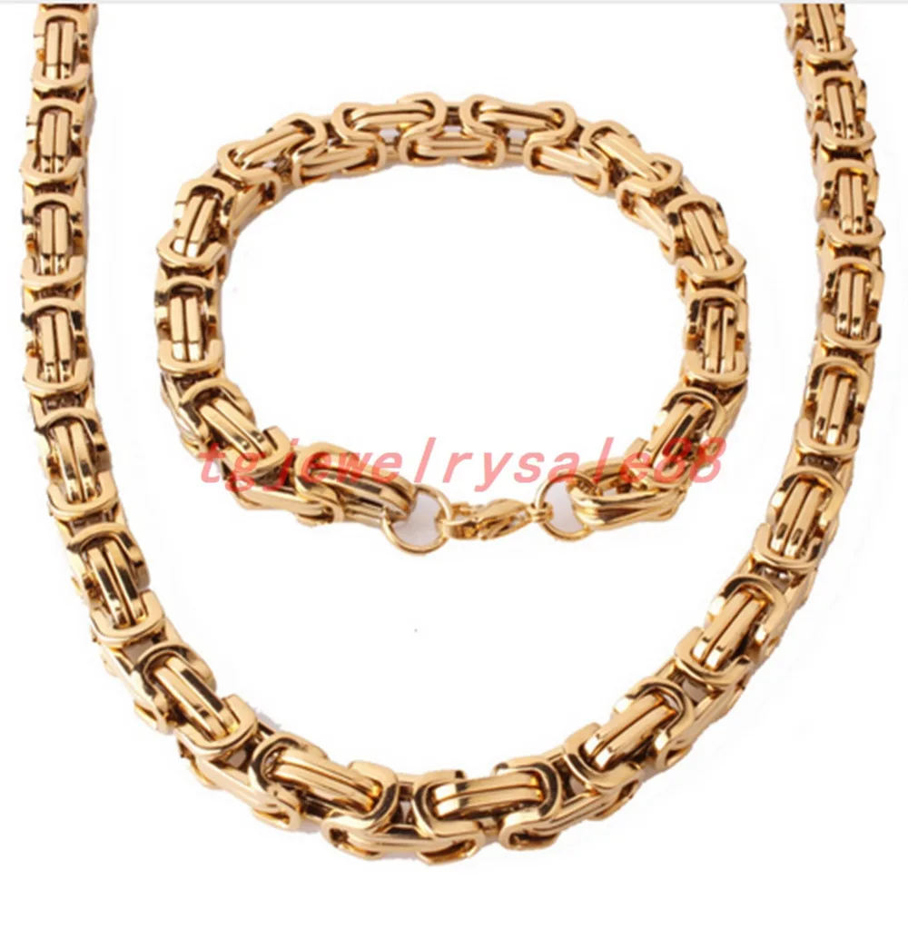 8mm Wide Fashion Gold Stainless Steel Byzantine Chain Box Link Chain Necklace with Bracelet Sets Jewelry