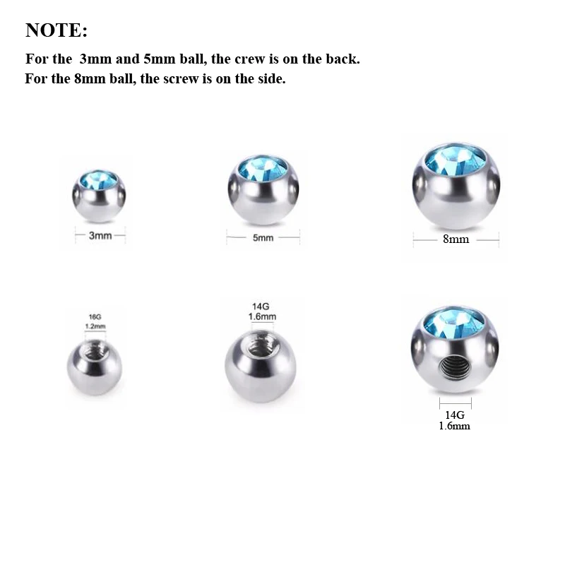 12Pcs Stainless Steel CZ Crystal Screw Hole Replacement Ball 16g&14g Tongue Barbell  Lip Ring Ear Belly Eyebrow Body Piercing