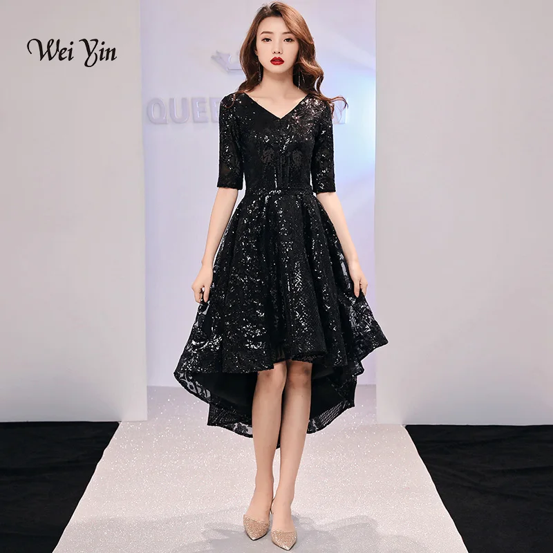 

weiyin 2023 Black V Neck Half Sleeve High-low Vintage Zipper Tea Length Formal Dresses Sequined Party Porm Dresses WY1245