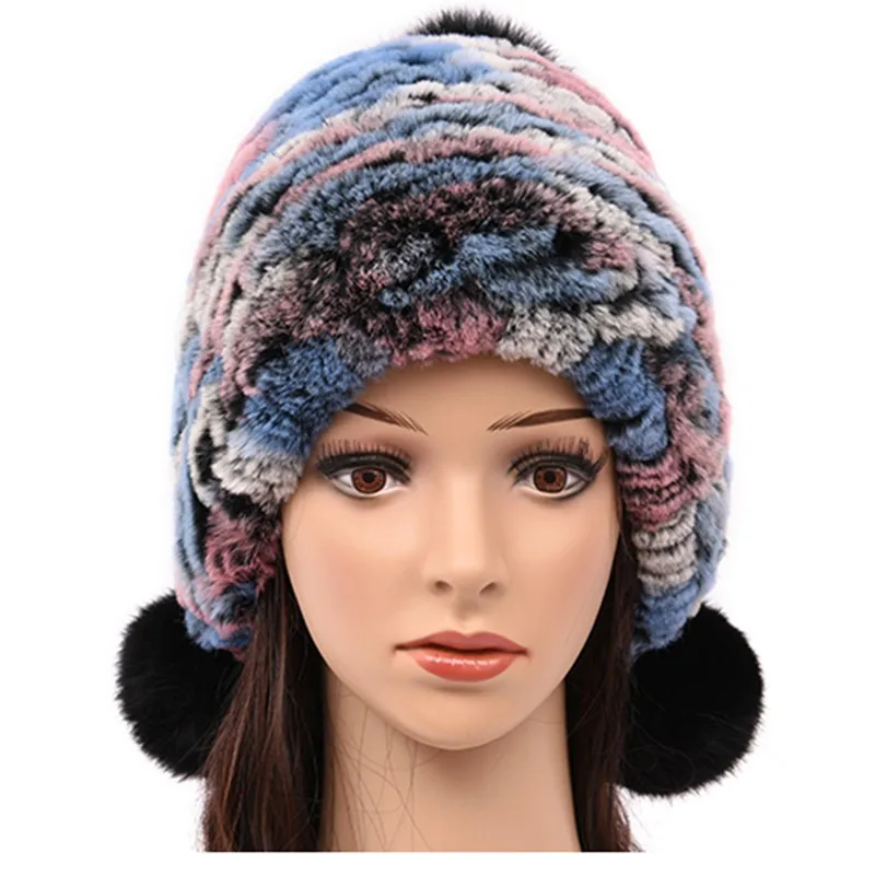 

Multi Color Genuine Knitted Rabbit Fur Bomber Hats Poms Winter Warm Caps Fashion Ear Protector Headgear LF6000