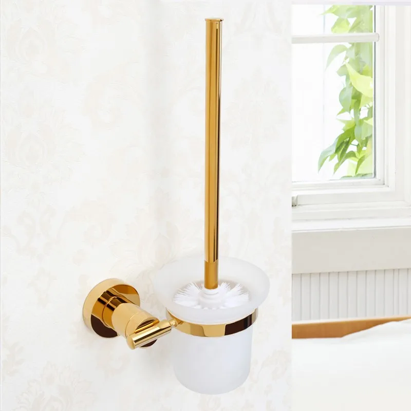 Luxury Wall Mount Bathroom Ti-PVD Gold Finish Solid Brass Toilet Brush Holder