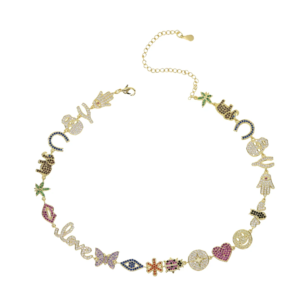 Luxury Women Fashion jewelry Micro pave colorful cz lucky charm link chain cute animal eye statement necklace