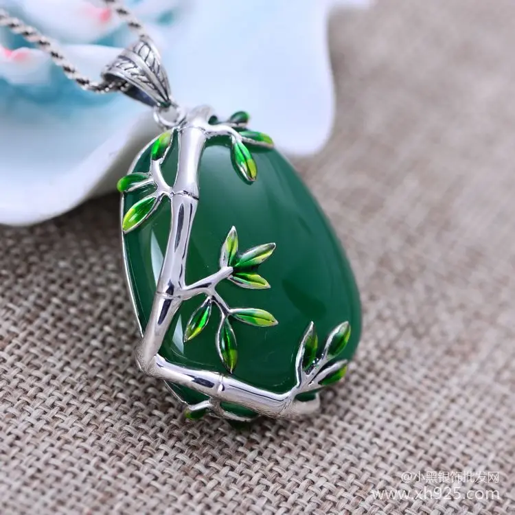 KJJEAXCMY Fine Jewelry 925 Sterling Silver Inlaid Bamboo Female Personality Green Chalcedony Pendant