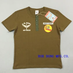 BOB DONG Vintage Bunny Print Henley T-Shirt Men's Military Style Tee Shirt U.S ARMY Men Short Sleeve Tee Summer Tops