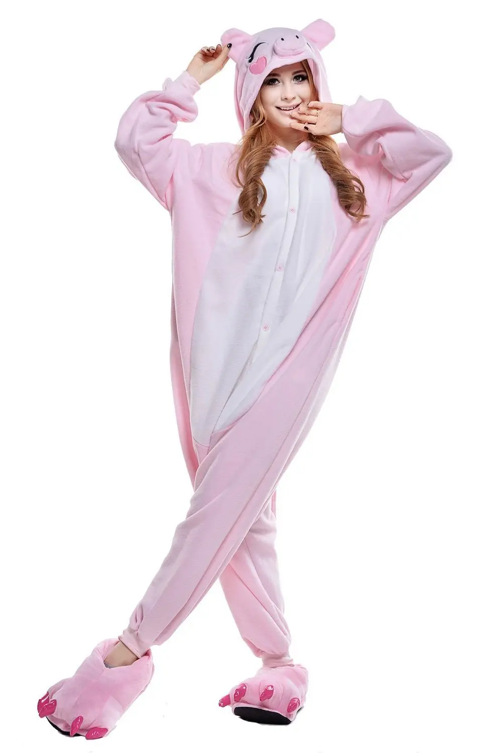 

New Fantastic Sleepwear Women Onesie Soft Fabric Lovely Pink Pig Animal Pajamas Whole Novel With Paw Shoes Design Hot Sales