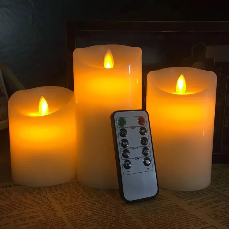 Set of 3 Flickering Pillar LED Candle Light Remote controlled 2/4/6/8H Timer paraffin Wax Dancing wick 10cm-12.5CM-15CM(H)-Amber