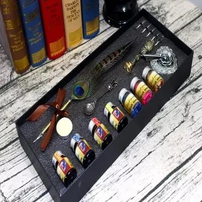 European style retro quill pen Fire paint with stamp stationery Dipped in a pen Fountain Pens set gift box color ink