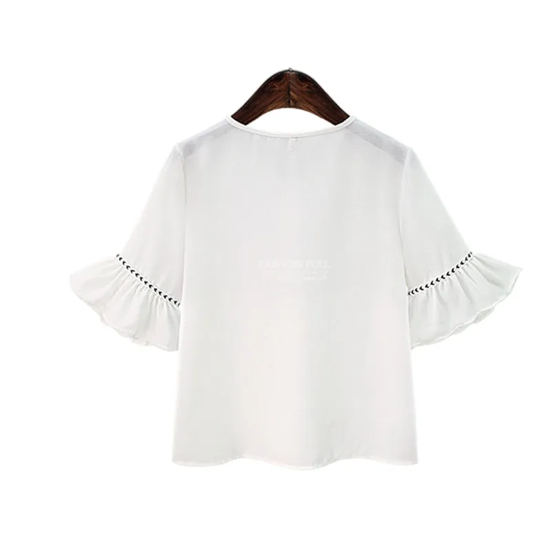 [EL BARCO] Cotton Linen Chiffon Blouse Shirts Women Summer V-Neck Short Flare-Sleeve White Female Casual Tops Blusa Plus Size