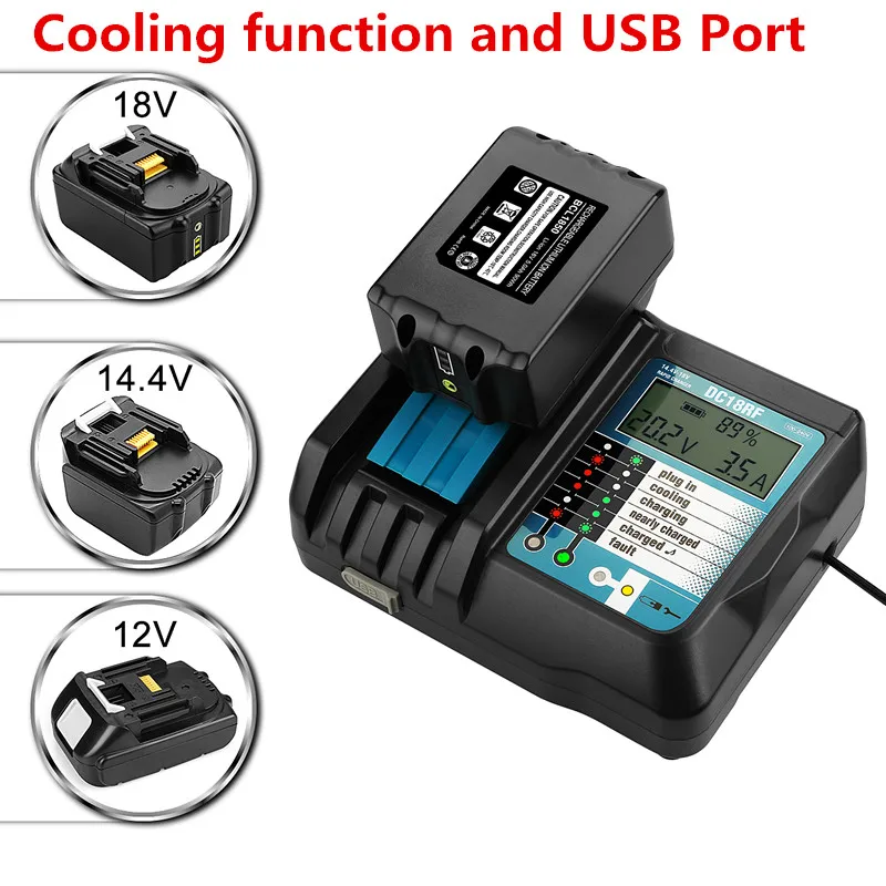 14.4V/18V 3.5A Li-Ion Battery LCD Screen Charger for Makita 14.4V/18V BL1830 BL1815 BL1430 DC14SA DC18SC DC18RC with USB port