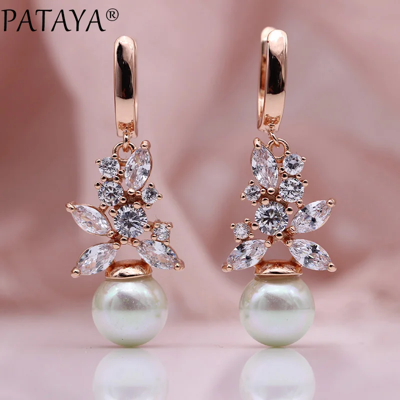 PATAYA New Shell Pearls Long Dangle Earrings Women Fashion White Round Natural Zircon 585 Rose Gold Color Wedding Party Jewelry