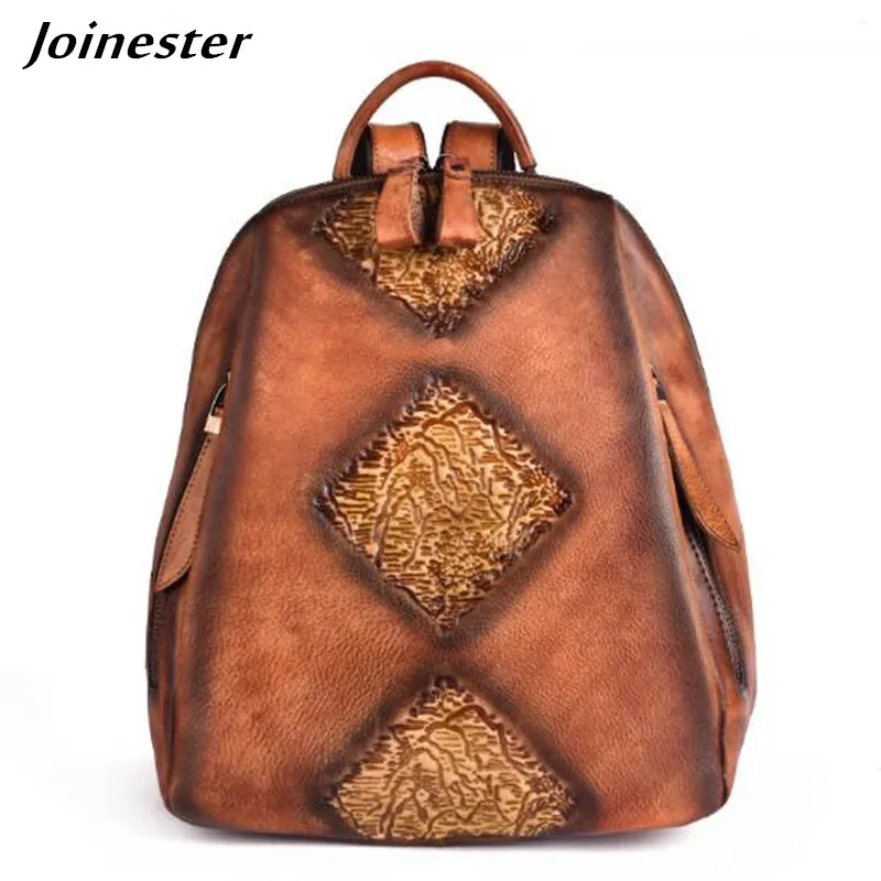 Women Leather Backpack Vintage School Bags Ladies Travel Bag Ethnic Embossing Daypack Large Retro Laptop Backpacks Casual Bags