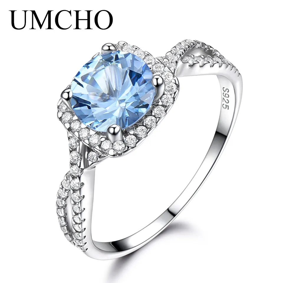 UMCHO  Solid 925 Sterling Silver Rings For Women Sky Blue Topaz Aquamarine Gemstone Wedding Band Birthstone Party Gift Jewelry