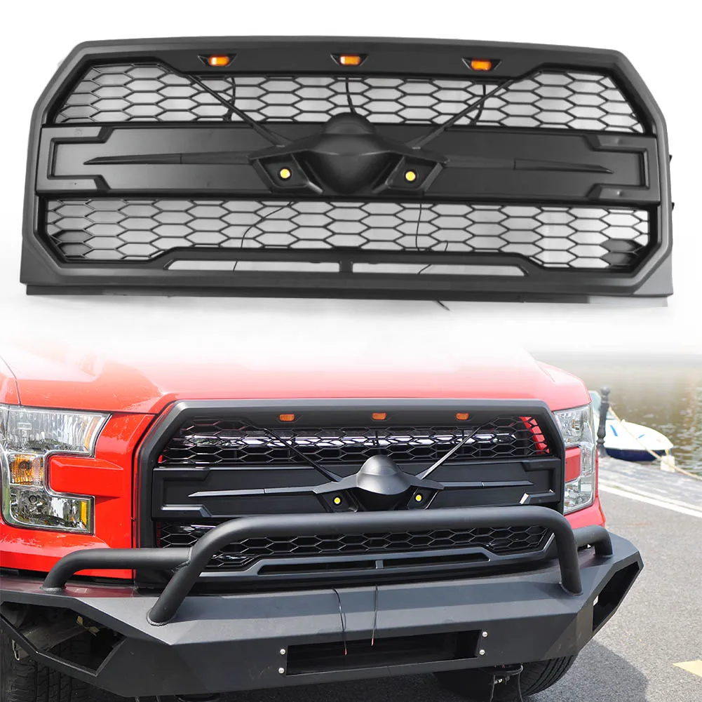 

For Ford F150 F-150 2015 2016 2017 Raptor Style Car Front Bumper Grille Upper Mesh Hood Grill w/ LED Light