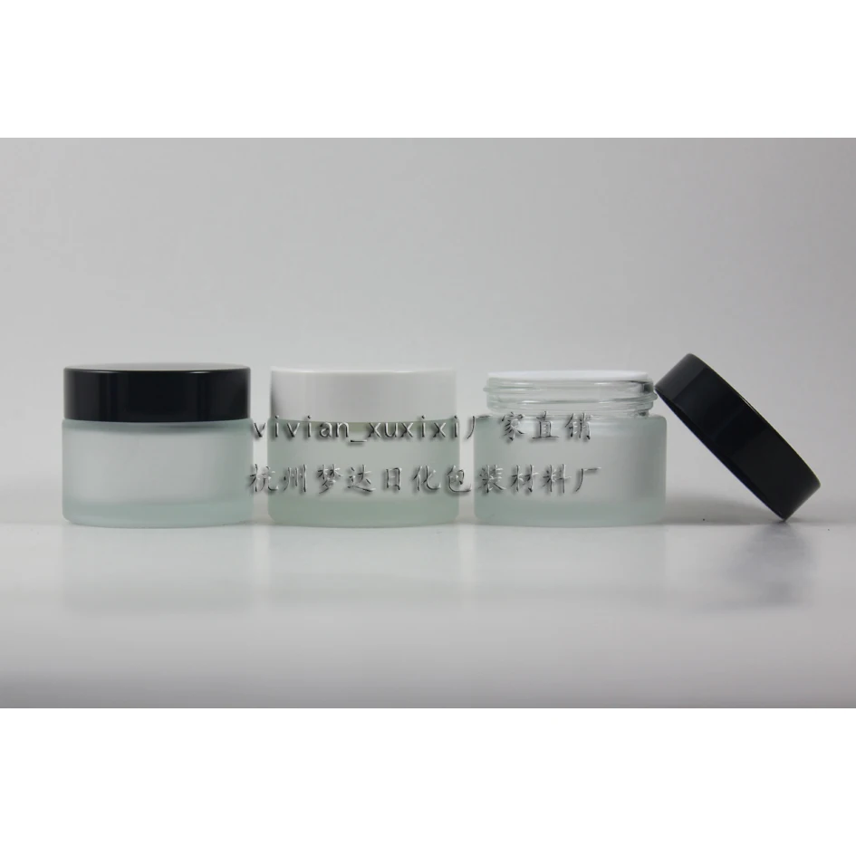 

30pcs 50g clear frosted glass cream jar with black or white plastic lid, 50g cosmetic jar for eye cream, 50g glass bottle