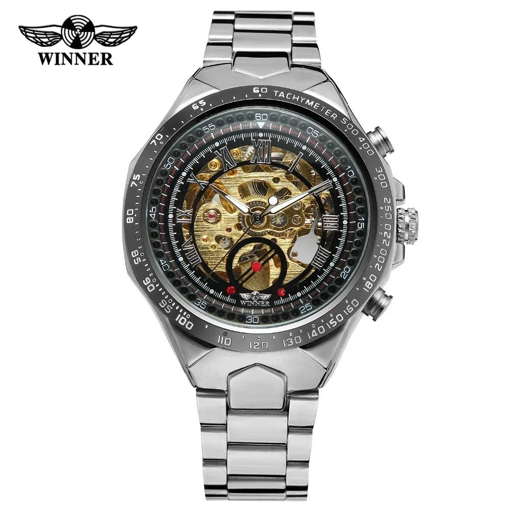 WINNER Men Gold Watches Automatic Mechanical Watch Male Skeleton Wristwatch Stainless Steel Band Luxury Brand Sports Design