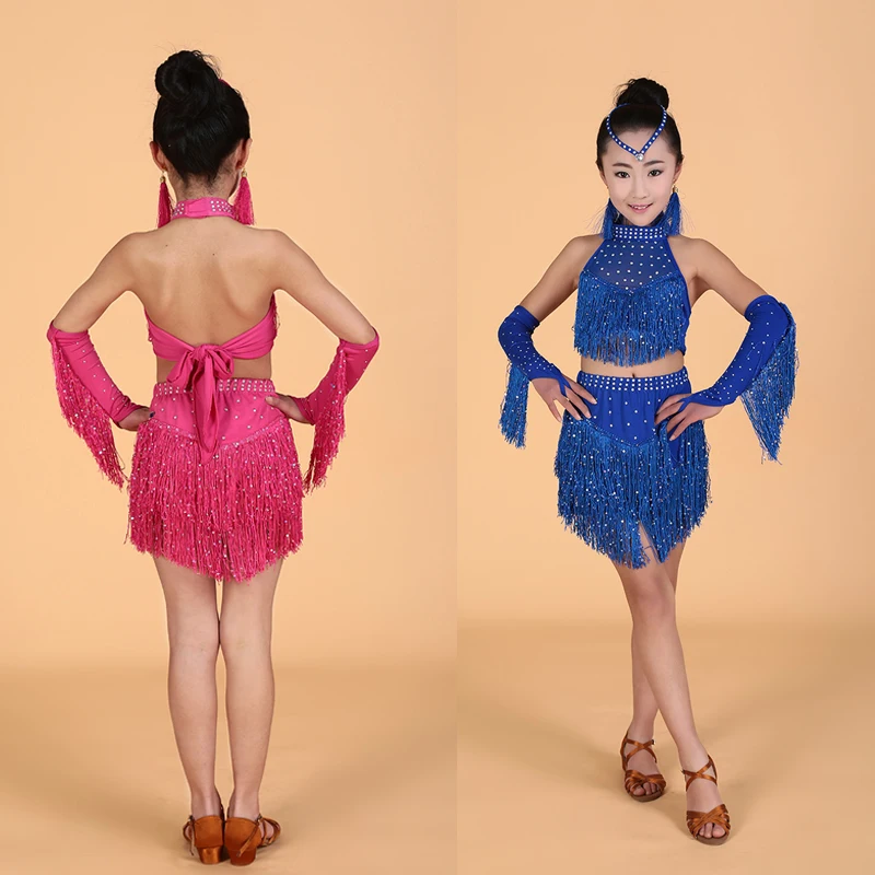 Tassels Girls Professional latin Dance dress Kids Salsa Performance Costumes competition skating Dancewear dresses Outfits