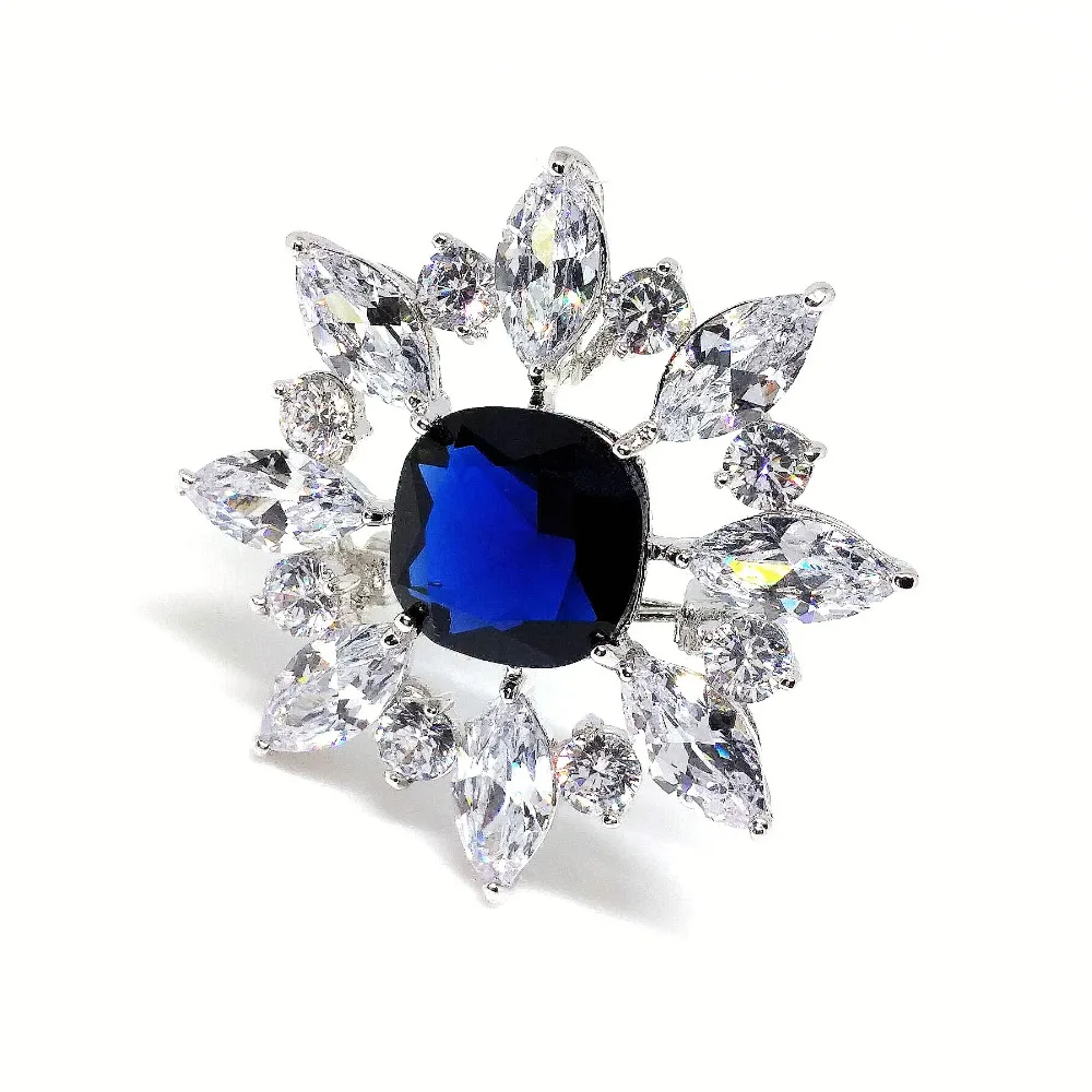 Queen Victoria Opens Marquise Flower Cluster Square CZ Stone Center Black Green  Royal Blue Brooch Art Deco Burst Star Pin