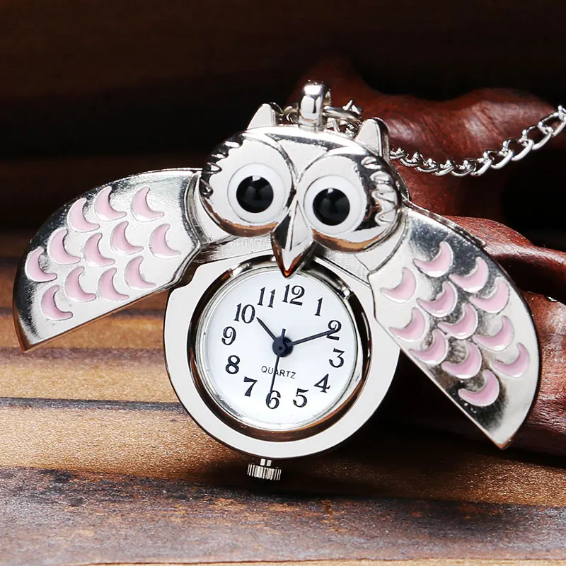 Cute Pink Owl Pocket Watch Kid Quartz Watch with Necklace Chain P582