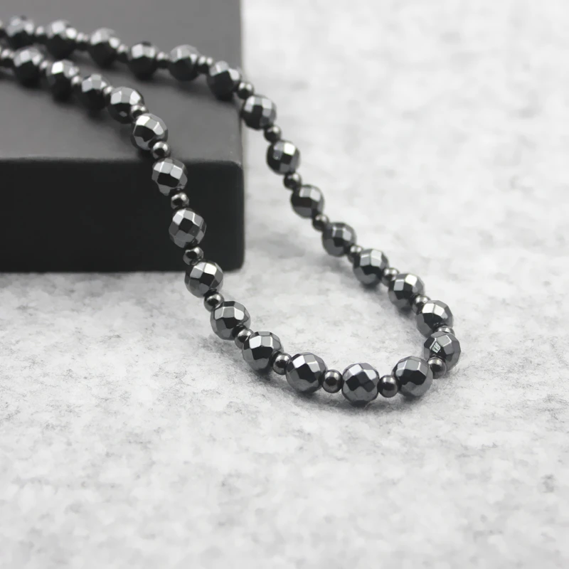Shiny Magnetic Hematite Faced Beads Necklace 8mm with Small Round Beads Handmade Jewelry Healthy Power Necklace