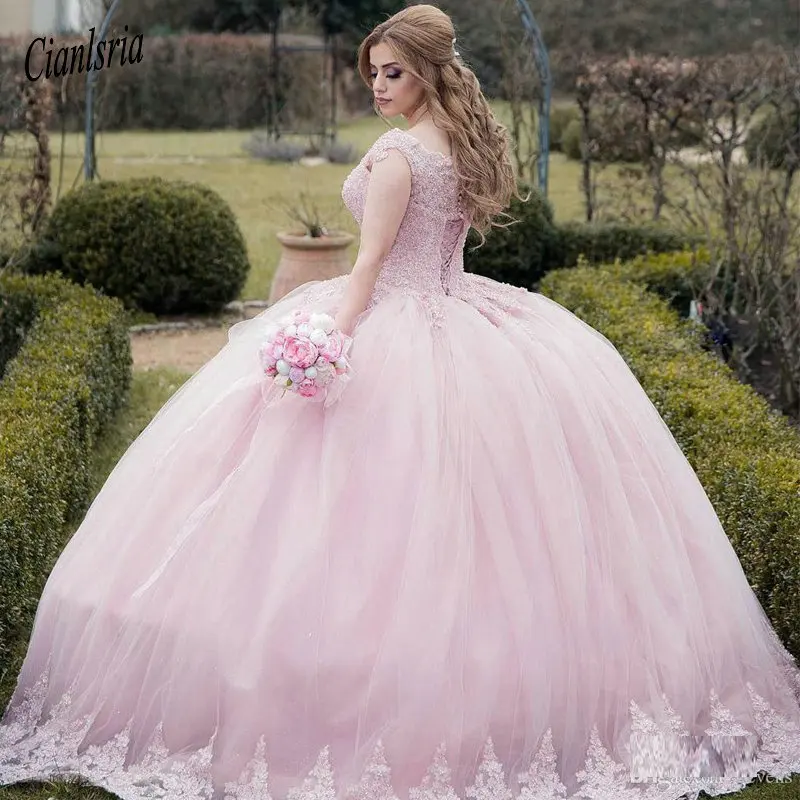 Robe de bal rose classique, 15 pièces, col carré, manches courtes, avec des Appliques de perles, robe de princesse, grande taille